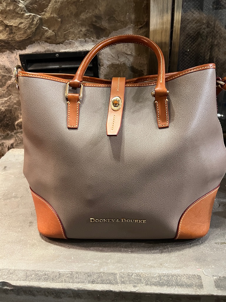 Dooney & Bourke Taupe Leather Tote With Brown Trim